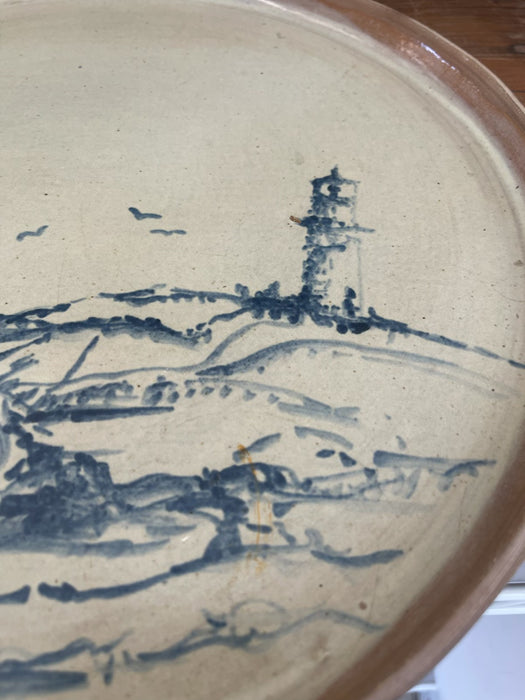 Mid-Century Studio Pottery Dish with Hand-Painted Lighthouse Coastal Scene.