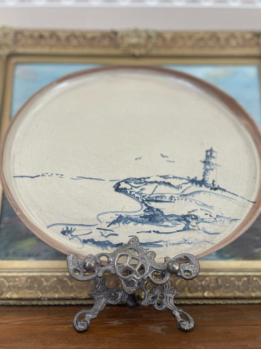 Mid-Century Studio Pottery Dish with Hand-Painted Lighthouse Coastal Scene.