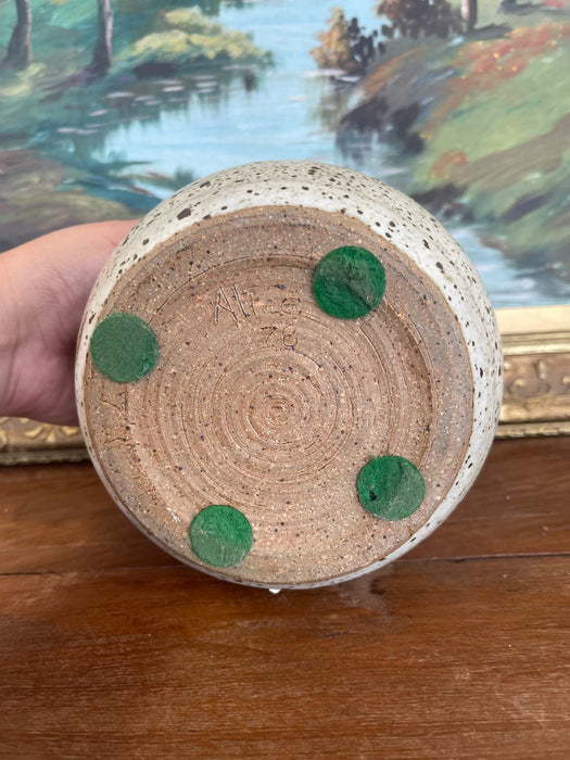 Signed 1978 Studio Pottery Jar by Alice - Hand-Thrown Speckled Stoneware with Painted Lid and Cobalt Glazed Interior.