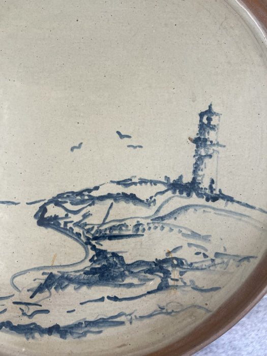 Mid-Century Studio Pottery Dish with Hand-Painted Lighthouse Coastal Scene.