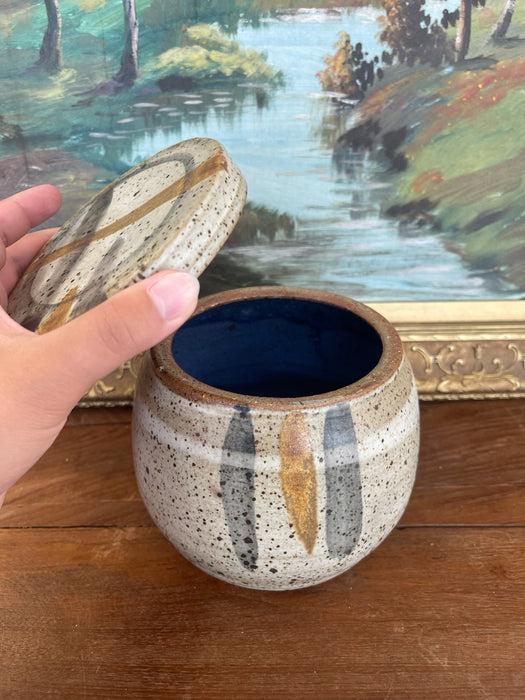Signed 1978 Studio Pottery Jar by Alice - Hand-Thrown Speckled Stoneware with Painted Lid and Cobalt Glazed Interior.