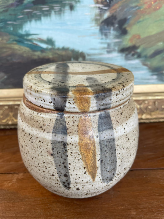 Signed 1978 Studio Pottery Jar by Alice - Hand-Thrown Speckled Stoneware with Painted Lid and Cobalt Glazed Interior.