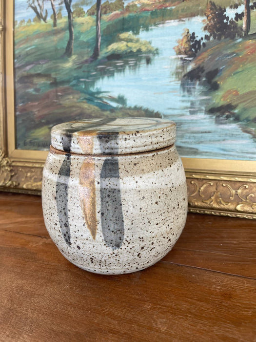 Signed 1978 Studio Pottery Jar by Alice - Hand-Thrown Speckled Stoneware with Painted Lid and Cobalt Glazed Interior.