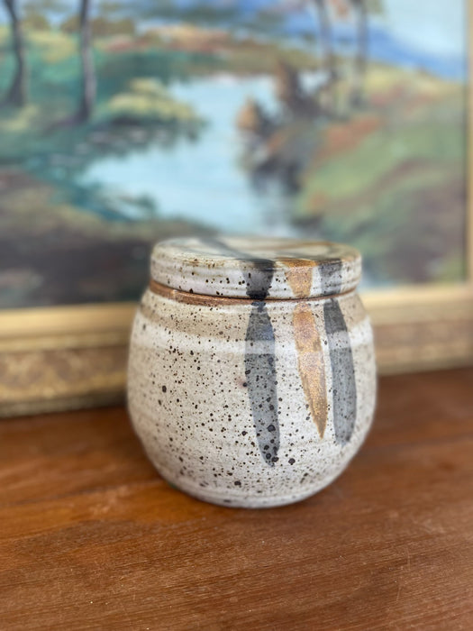 Signed 1978 Studio Pottery Jar by Alice - Hand-Thrown Speckled Stoneware with Painted Lid and Cobalt Glazed Interior.
