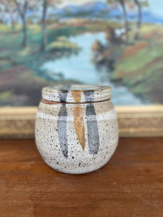Signed 1978 Studio Pottery Jar by Alice - Hand-Thrown Speckled Stoneware with Painted Lid and Cobalt Glazed Interior.