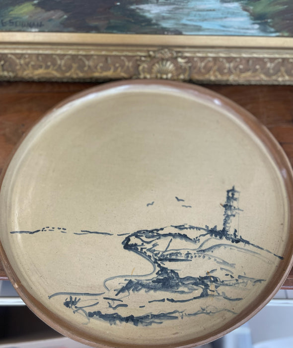 Mid-Century Studio Pottery Dish with Hand-Painted Lighthouse Coastal Scene.