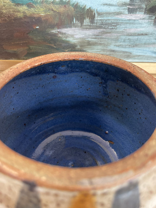 Signed 1978 Studio Pottery Jar by Alice - Hand-Thrown Speckled Stoneware with Painted Lid and Cobalt Glazed Interior.