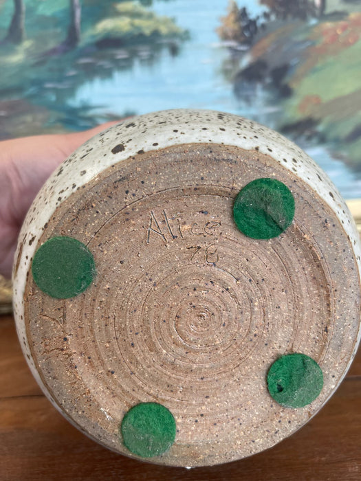 Signed 1978 Studio Pottery Jar by Alice - Hand-Thrown Speckled Stoneware with Painted Lid and Cobalt Glazed Interior.