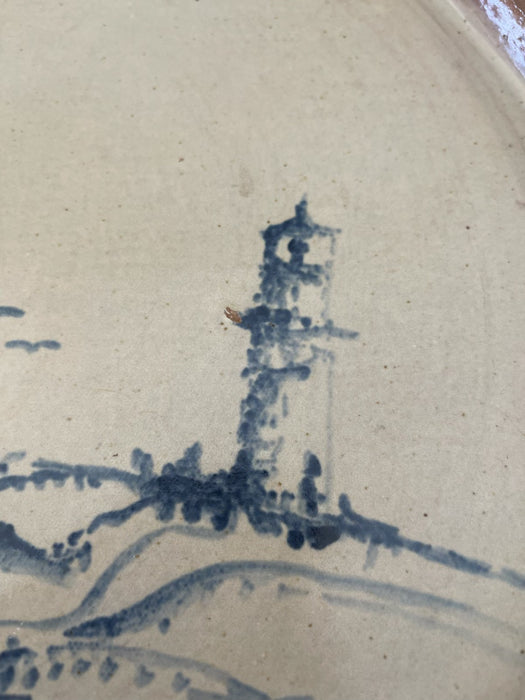 Mid-Century Studio Pottery Dish with Hand-Painted Lighthouse Coastal Scene.