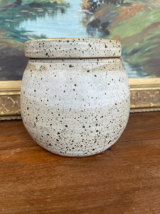 Signed 1978 Studio Pottery Jar by Alice - Hand-Thrown Speckled Stoneware with Painted Lid and Cobalt Glazed Interior.