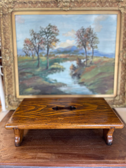 Possibly Antique Handcrafted Likely Oak Footstool with Decorative Cut-Out and Curved Legs.