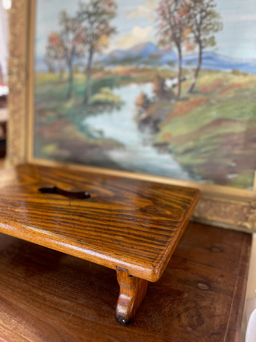 Possibly Antique Handcrafted Likely Oak Footstool with Decorative Cut-Out and Curved Legs.