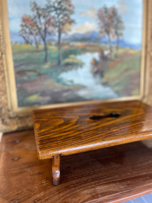 Possibly Antique Handcrafted Likely Oak Footstool with Decorative Cut-Out and Curved Legs.