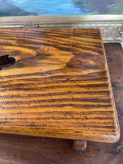 Possibly Antique Handcrafted Likely Oak Footstool with Decorative Cut-Out and Curved Legs.