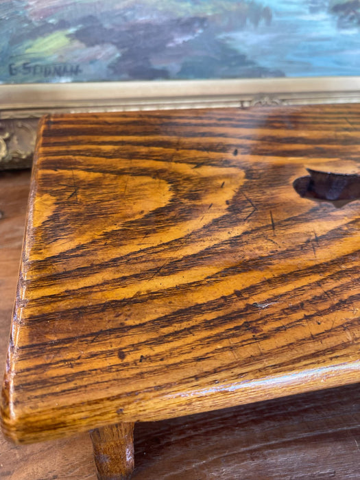 Possibly Antique Handcrafted Likely Oak Footstool with Decorative Cut-Out and Curved Legs.