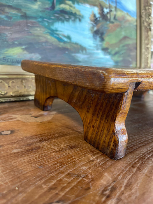 Possibly Antique Handcrafted Likely Oak Footstool with Decorative Cut-Out and Curved Legs.