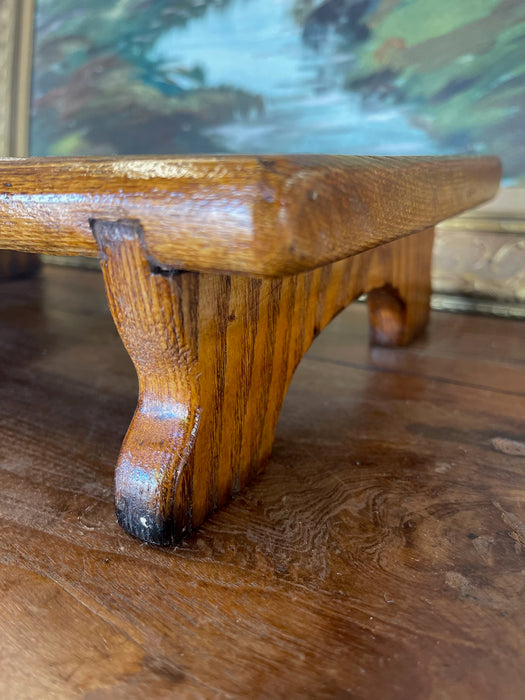 Possibly Antique Handcrafted Likely Oak Footstool with Decorative Cut-Out and Curved Legs.