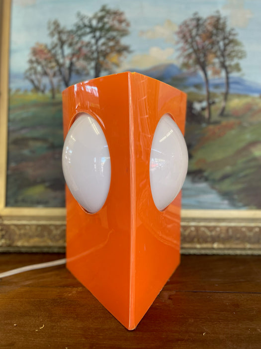 1970s Space Age Triangular Table Lamp in Orange Plastic with White Glass Domes.