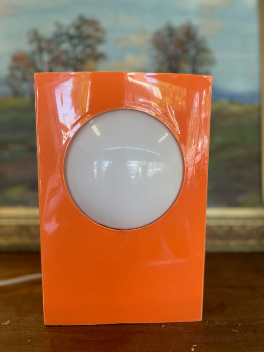 1970s Space Age Triangular Table Lamp in Orange Plastic with White Glass Domes.