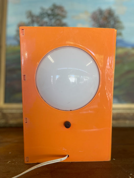 1970s Space Age Triangular Table Lamp in Orange Plastic with White Glass Domes.