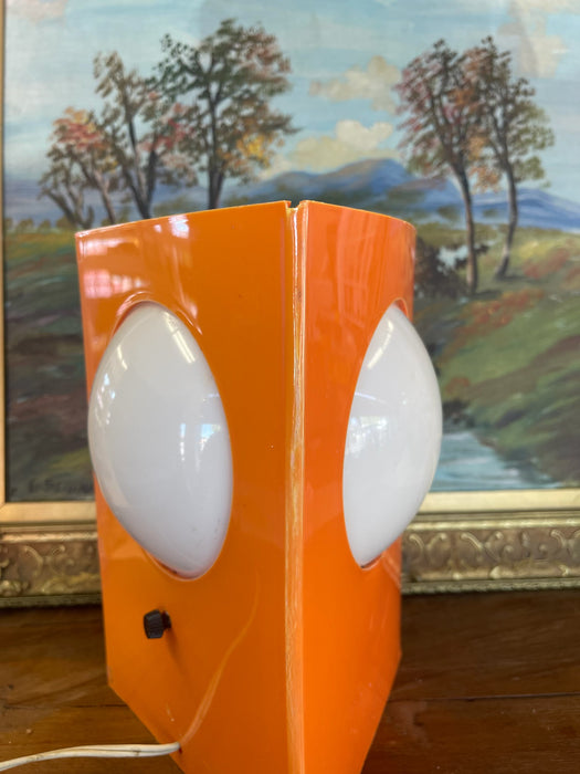 1970s Space Age Triangular Table Lamp in Orange Plastic with White Glass Domes.