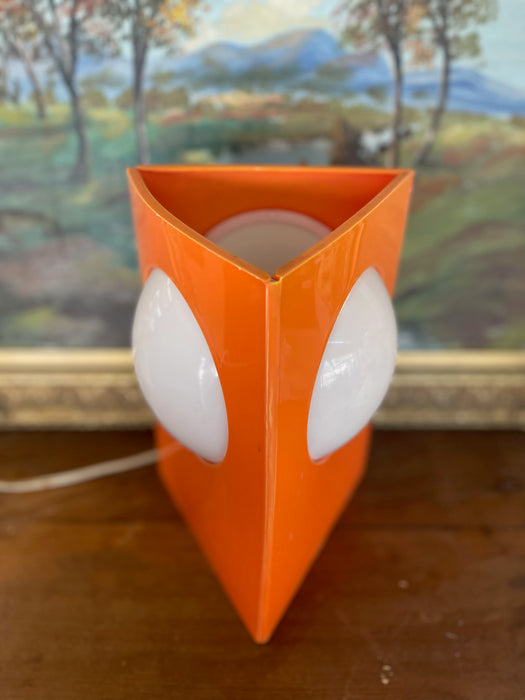 1970s Space Age Triangular Table Lamp in Orange Plastic with White Glass Domes.
