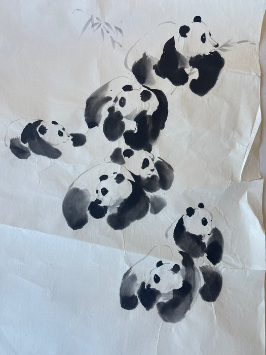 Vintage Chinese Brush Painting of Pandas by J.P. Gaston, Ink on Rice Paper, Signed