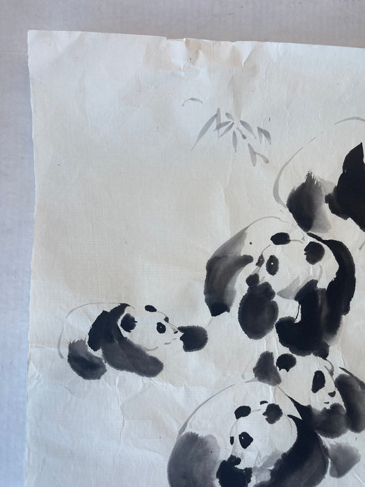 Vintage Chinese Brush Painting of Pandas by J.P. Gaston, Ink on Rice Paper, Signed