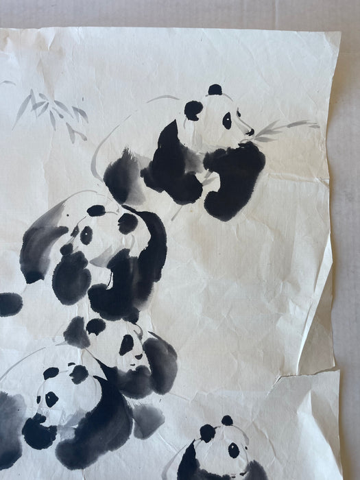 Vintage Chinese Brush Painting of Pandas by J.P. Gaston, Ink on Rice Paper, Signed