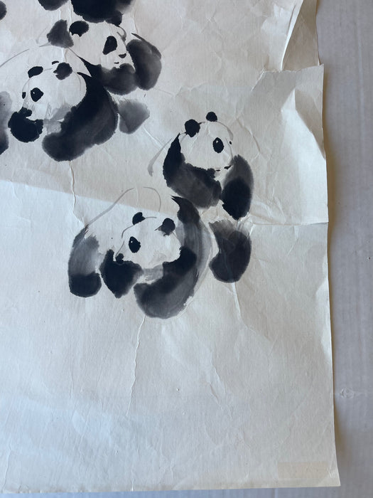 Vintage Chinese Brush Painting of Pandas by J.P. Gaston, Ink on Rice Paper, Signed