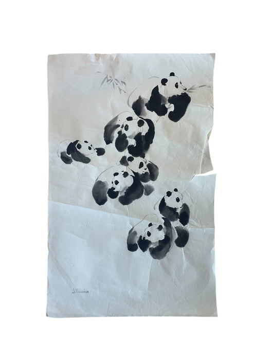 Vintage Chinese Brush Painting of Pandas by J.P. Gaston, Ink on Rice Paper, Signed