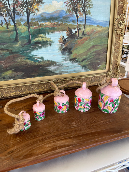 Hand-Painted Pink Metal Bell Garland with Floral Motif, Set of 6 Decorative Hanging Bells
