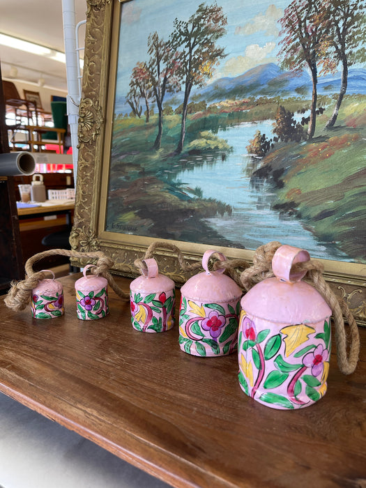 Hand-Painted Pink Metal Bell Garland with Floral Motif, Set of 6 Decorative Hanging Bells