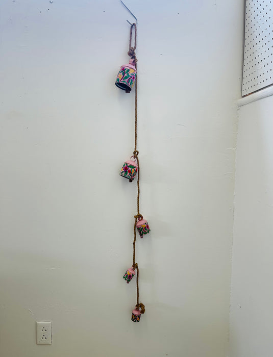 Hand-Painted Pink Metal Bell Garland with Floral Motif, Set of 6 Decorative Hanging Bells