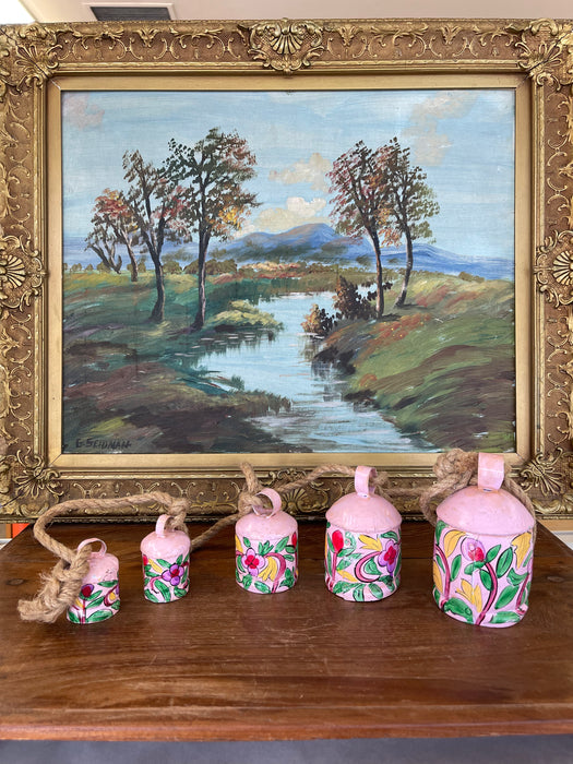 Hand-Painted Pink Metal Bell Garland with Floral Motif, Set of 6 Decorative Hanging Bells