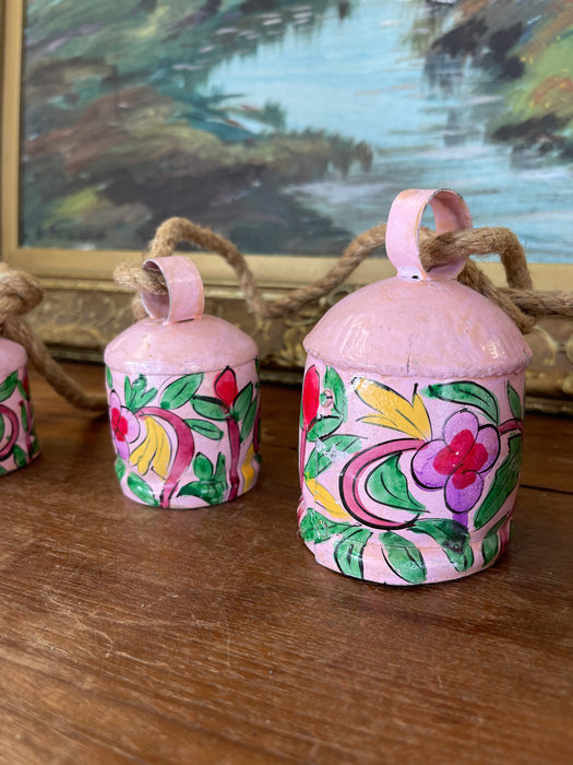 Hand-Painted Pink Metal Bell Garland with Floral Motif, Set of 6 Decorative Hanging Bells