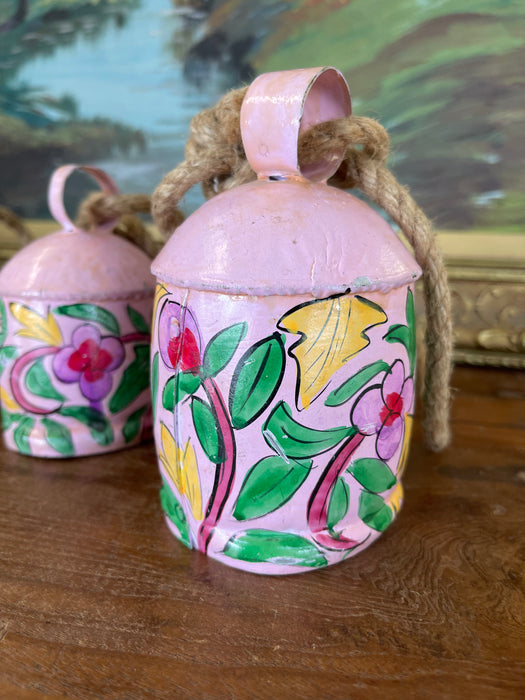 Hand-Painted Pink Metal Bell Garland with Floral Motif, Set of 6 Decorative Hanging Bells