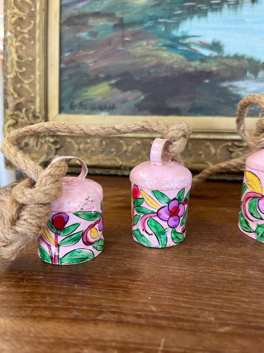 Hand-Painted Pink Metal Bell Garland with Floral Motif, Set of 6 Decorative Hanging Bells