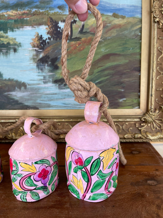 Hand-Painted Pink Metal Bell Garland with Floral Motif, Set of 6 Decorative Hanging Bells
