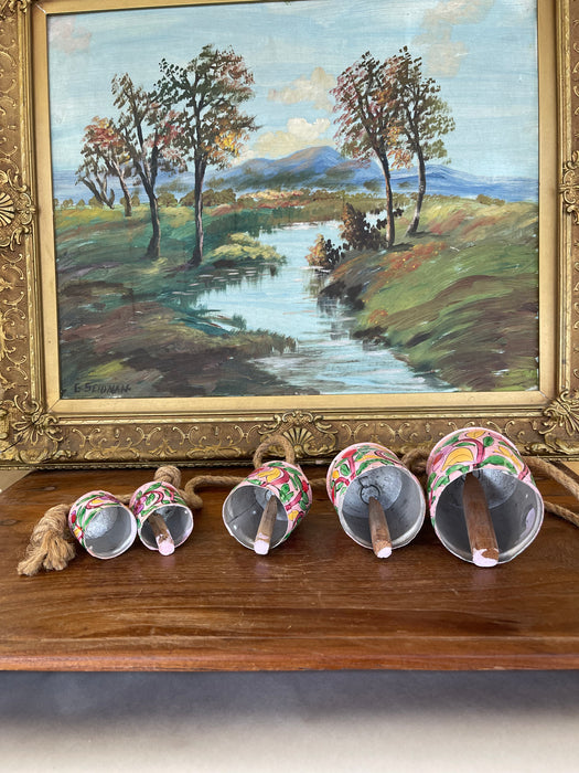 Hand-Painted Pink Metal Bell Garland with Floral Motif, Set of 6 Decorative Hanging Bells
