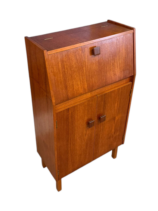 Vintage Mid Century Modern Teak Wood Petite Flip Top Cocktail Table Bar Cabinet UK Import