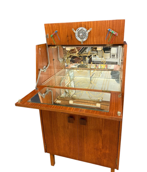 Vintage Mid Century Modern Teak Wood Petite Flip Top Cocktail Table Bar Cabinet UK Import