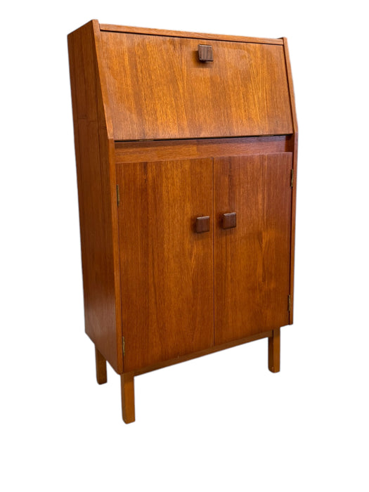 Vintage Mid Century Modern Teak Wood Petite Flip Top Cocktail Table Bar Cabinet UK Import