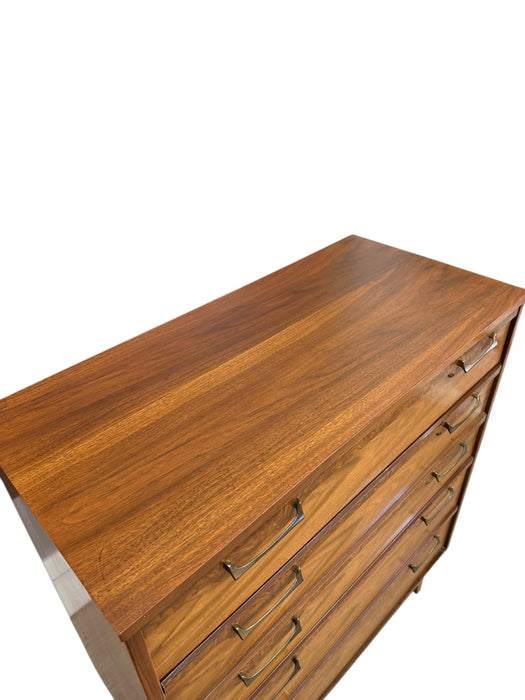 Vintage Mid Century Modern 4 Drawer Dresser with Burl Accents Dovetailed Drawers and Metal Handles
