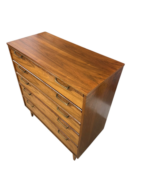 Vintage Mid Century Modern 4 Drawer Dresser with Burl Accents Dovetailed Drawers and Metal Handles