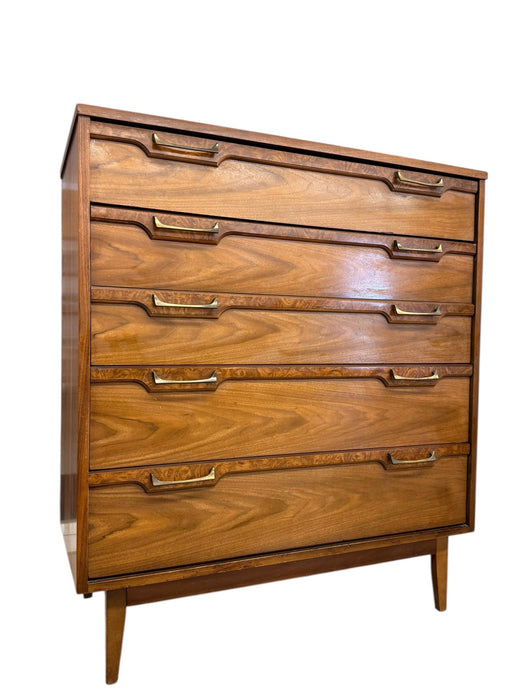 Vintage Mid Century Modern 4 Drawer Dresser with Burl Accents Dovetailed Drawers and Metal Handles