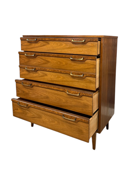 Vintage Mid Century Modern 4 Drawer Dresser with Burl Accents Dovetailed Drawers and Metal Handles
