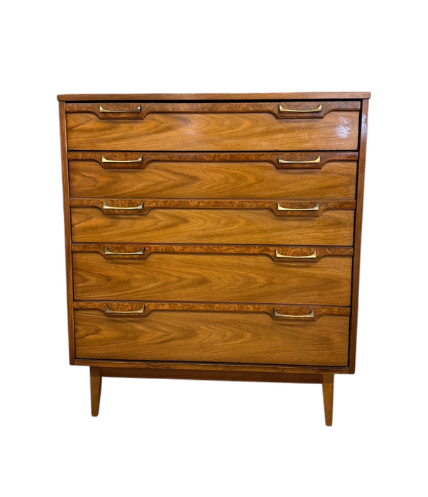 Vintage Mid Century Modern 4 Drawer Dresser with Burl Accents Dovetailed Drawers and Metal Handles