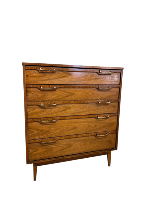 Vintage Mid Century Modern 4 Drawer Dresser with Burl Accents Dovetailed Drawers and Metal Handles