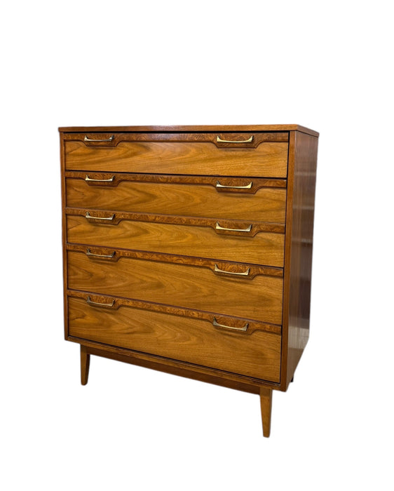 Vintage Mid Century Modern 4 Drawer Dresser with Burl Accents Dovetailed Drawers and Metal Handles